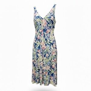 Chaps Denim Floral Cotton XL Midi Dress Flowy Tropical Sleeveless Summer Boho